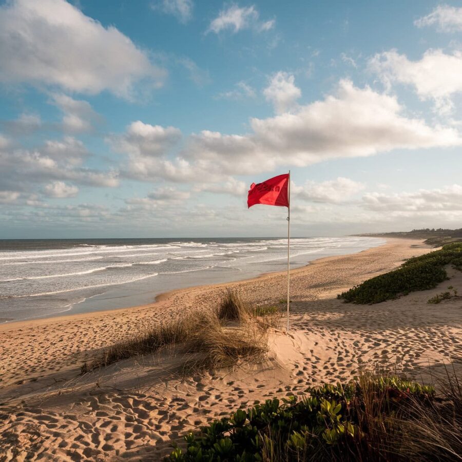 A sandy beach with a cloudy and blue sky above, with a red flag on a pole anchored in the sand.